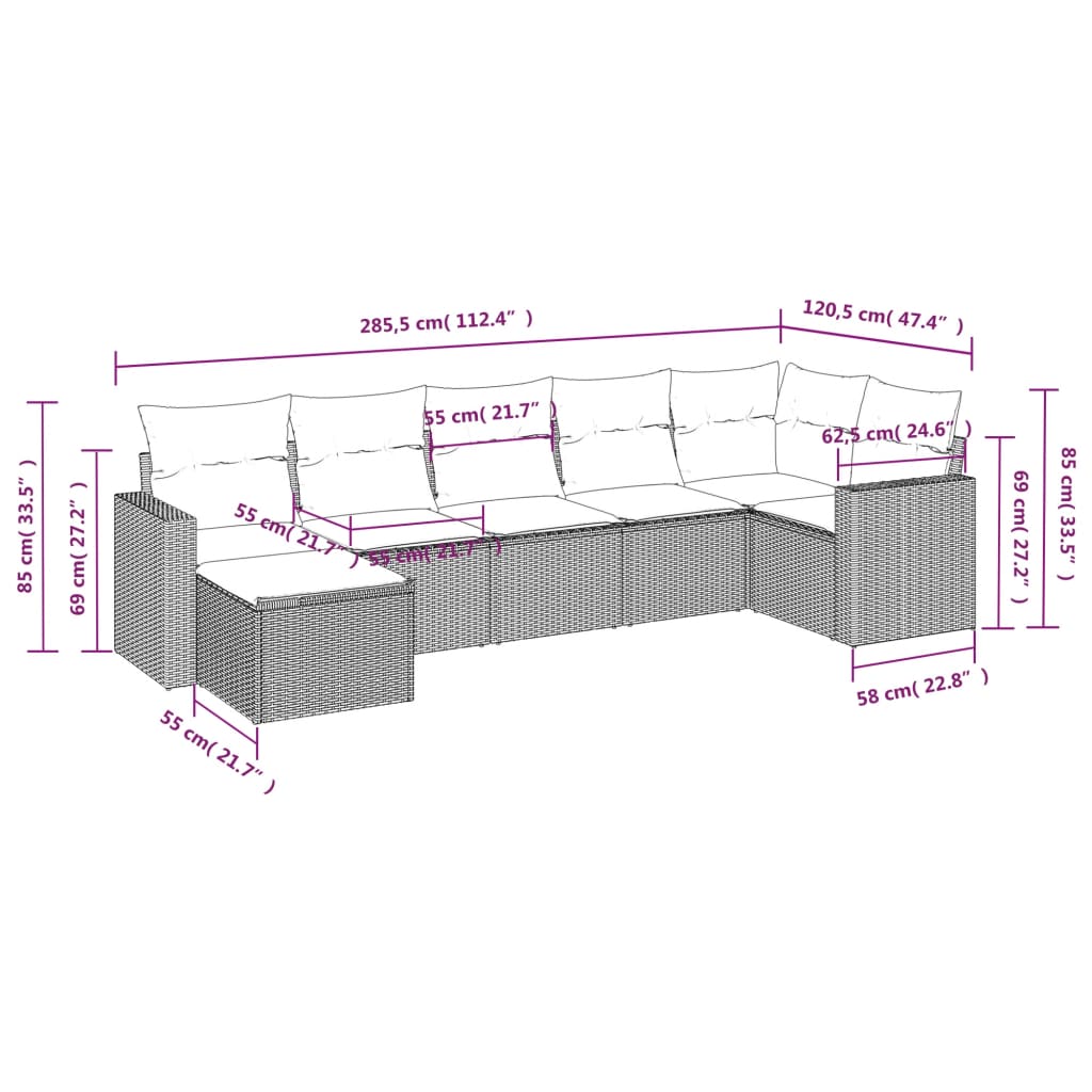 Salon de jardin avec coussins 7 pcs gris résine tressée