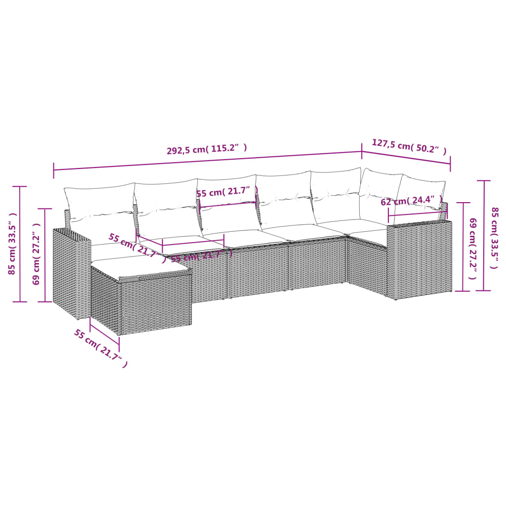 Salon de jardin avec coussins 7 pcs marron résine tressée