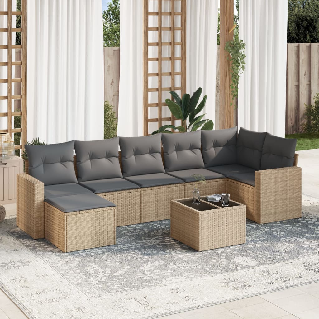 Salon de jardin avec coussins 8 pcs beige résine tressée