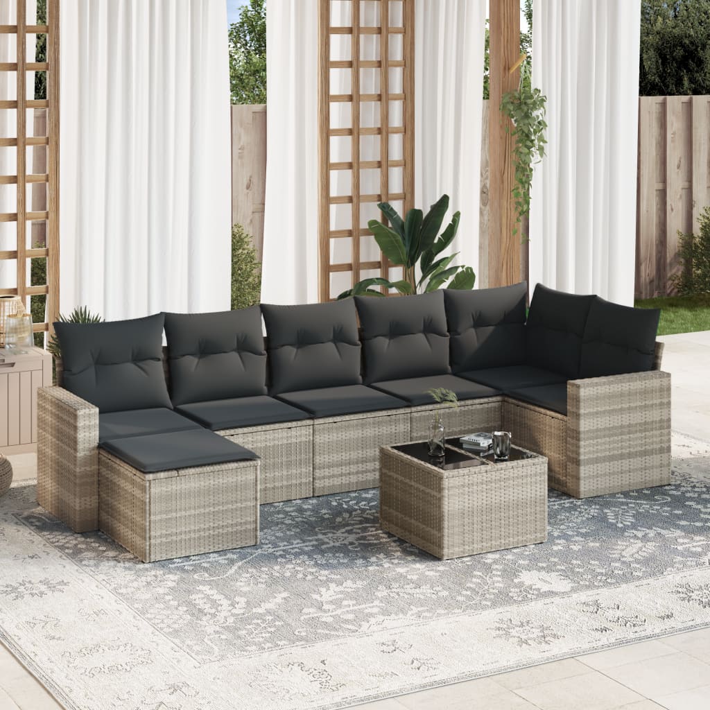 Salon de jardin 8 pcs avec coussins gris clair résine tressée