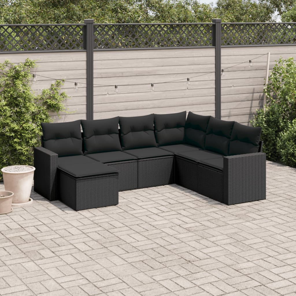 Salon de jardin 7 pcs avec coussins noir résine tressée