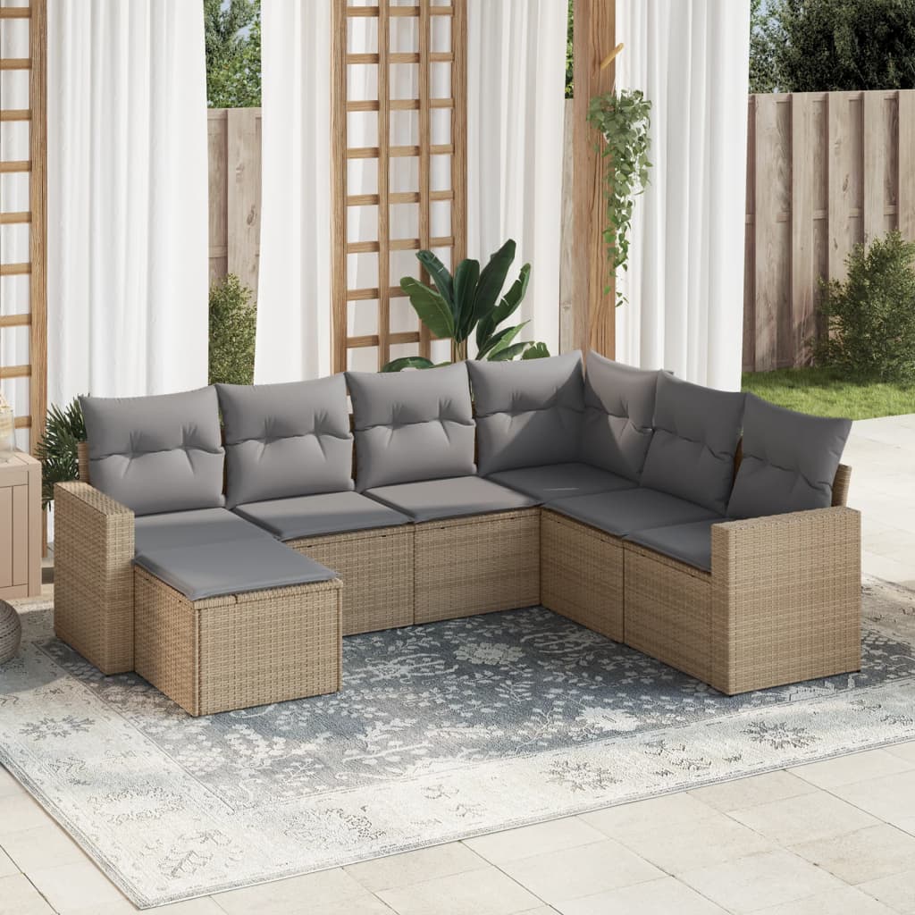 Salon de jardin avec coussins 7 pcs beige résine tressée