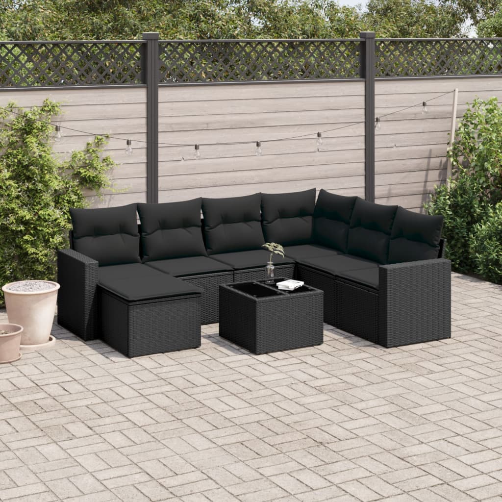 Salon de jardin 8 pcs avec coussins noir résine tressée