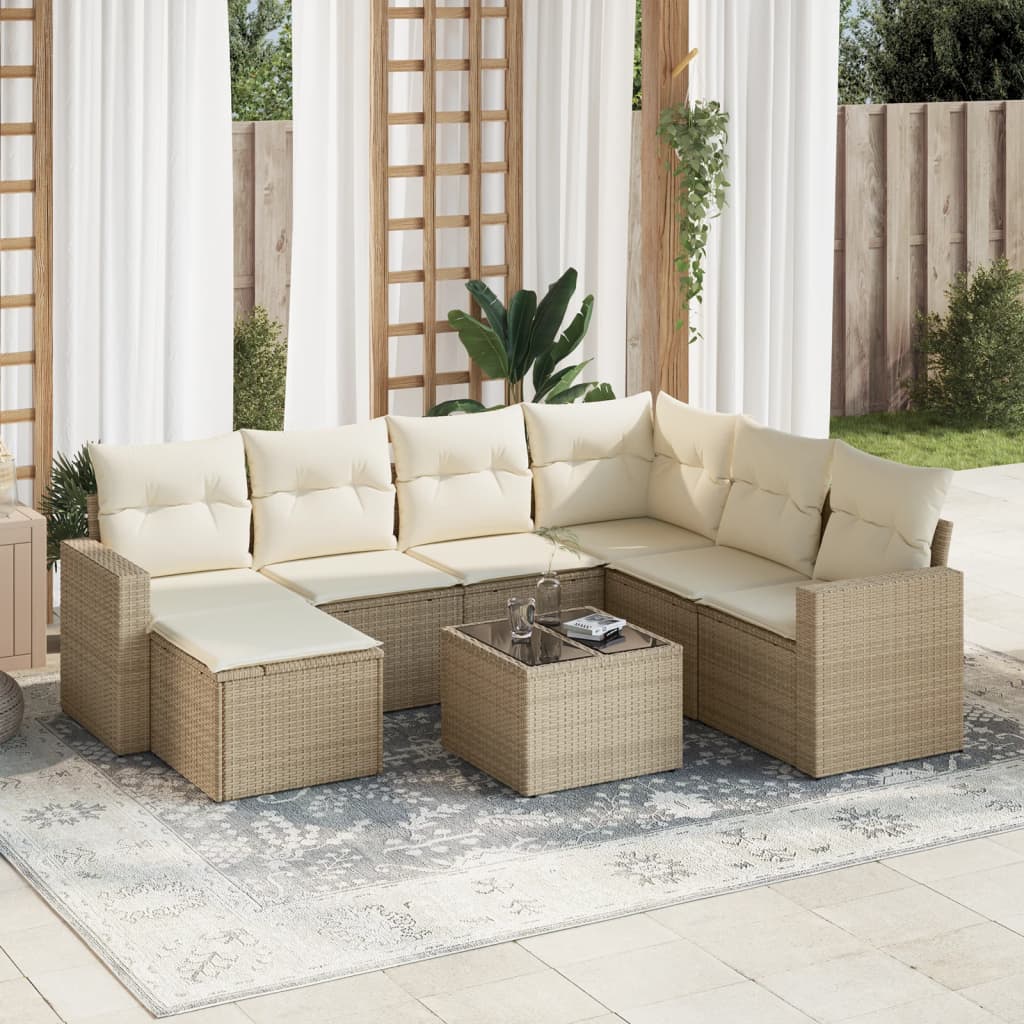 Salon de jardin avec coussins 8 pcs beige résine tressée