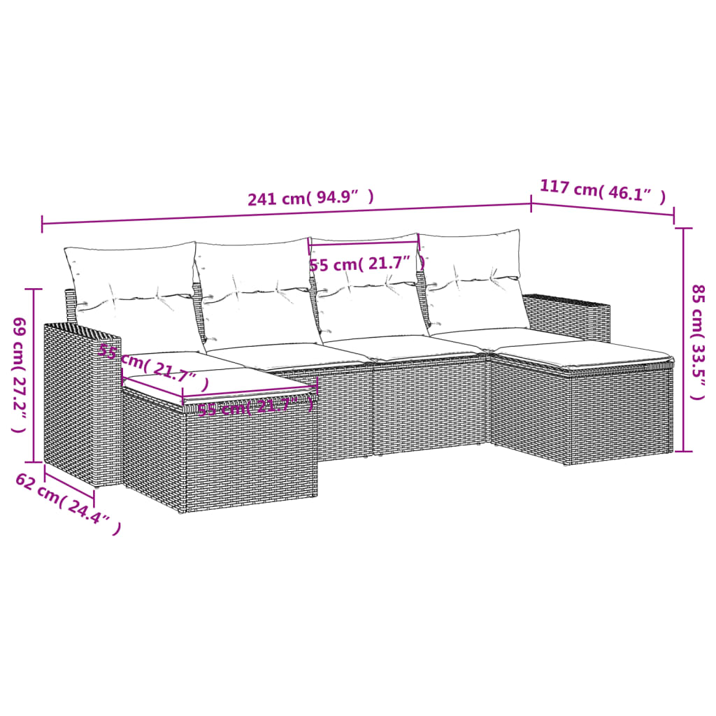 Salon de jardin avec coussins 6 pcs marron résine tressée