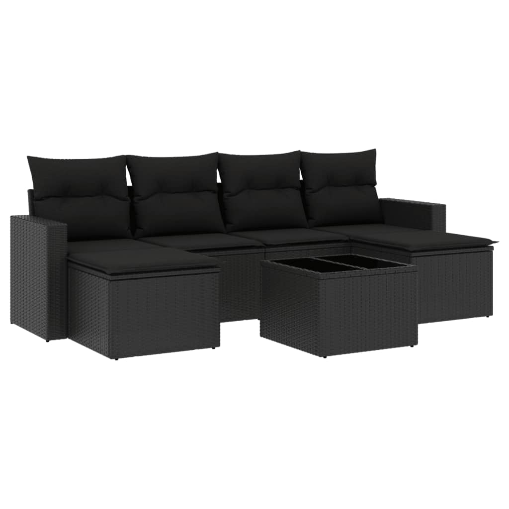 Salon de jardin 7 pcs avec coussins noir résine tressée