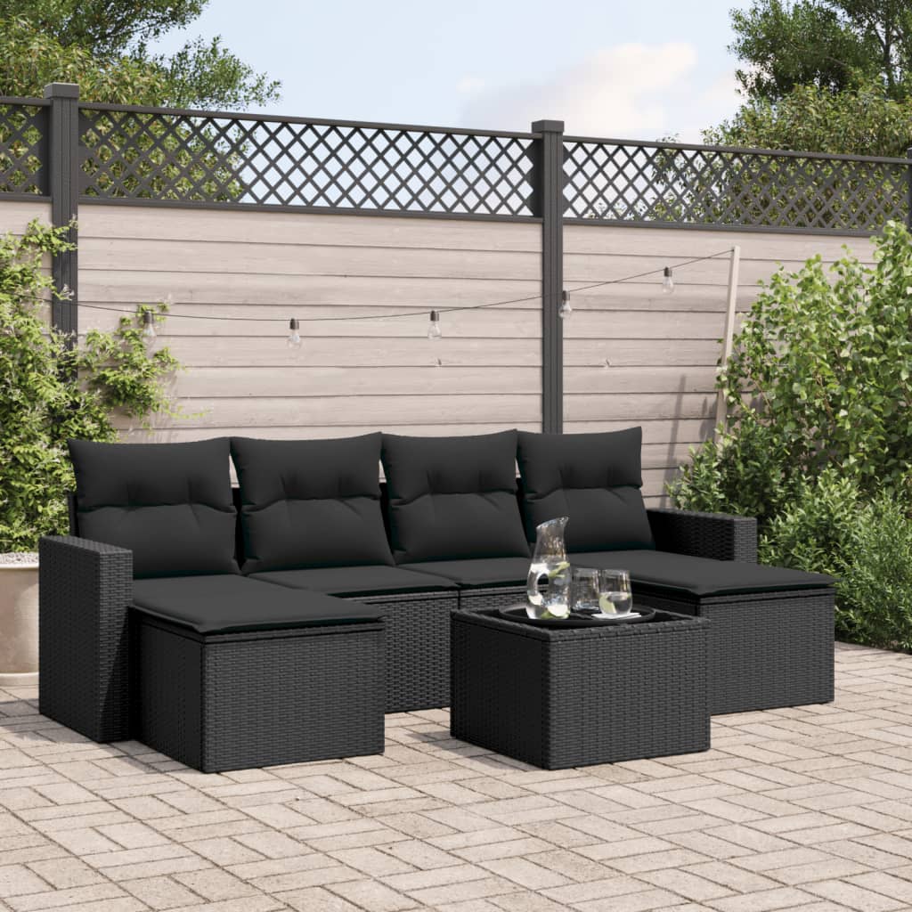 Salon de jardin 7 pcs avec coussins noir résine tressée