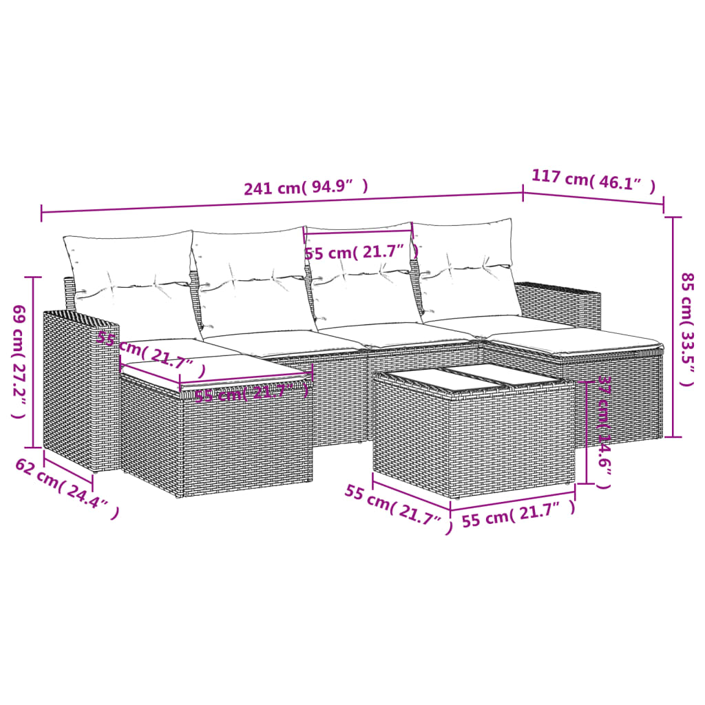 Salon de jardin avec coussins 7 pcs gris résine tressée