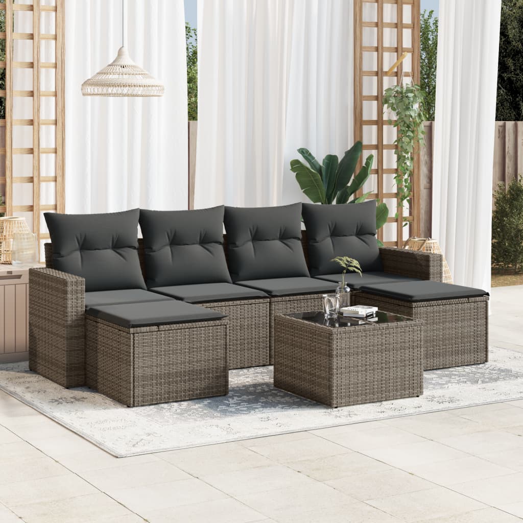 Salon de jardin avec coussins 7 pcs gris résine tressée