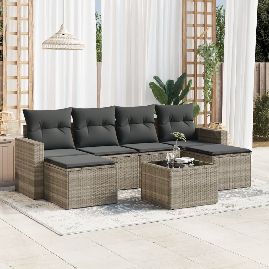 Salon de jardin avec coussins 7 pcs gris clair résine tressée