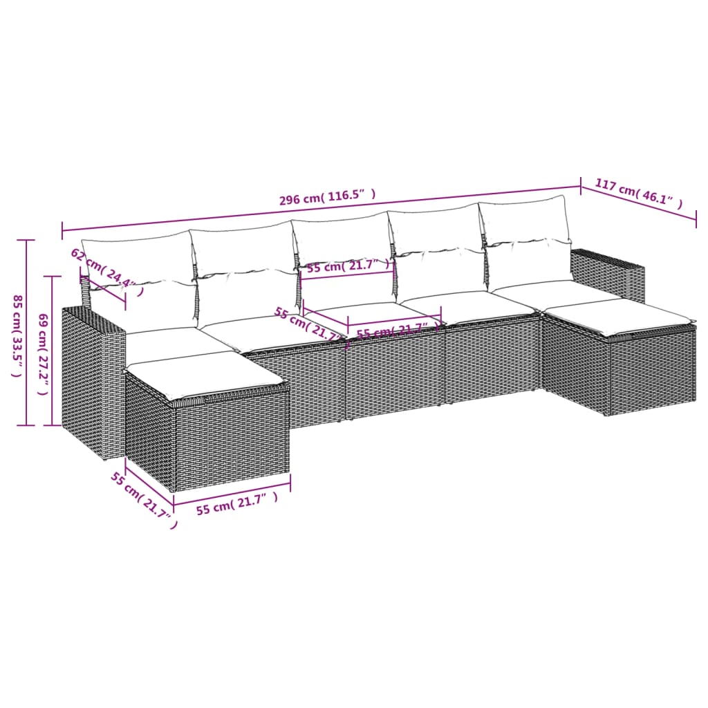 Salon de jardin avec coussins 7 pcs gris résine tressée