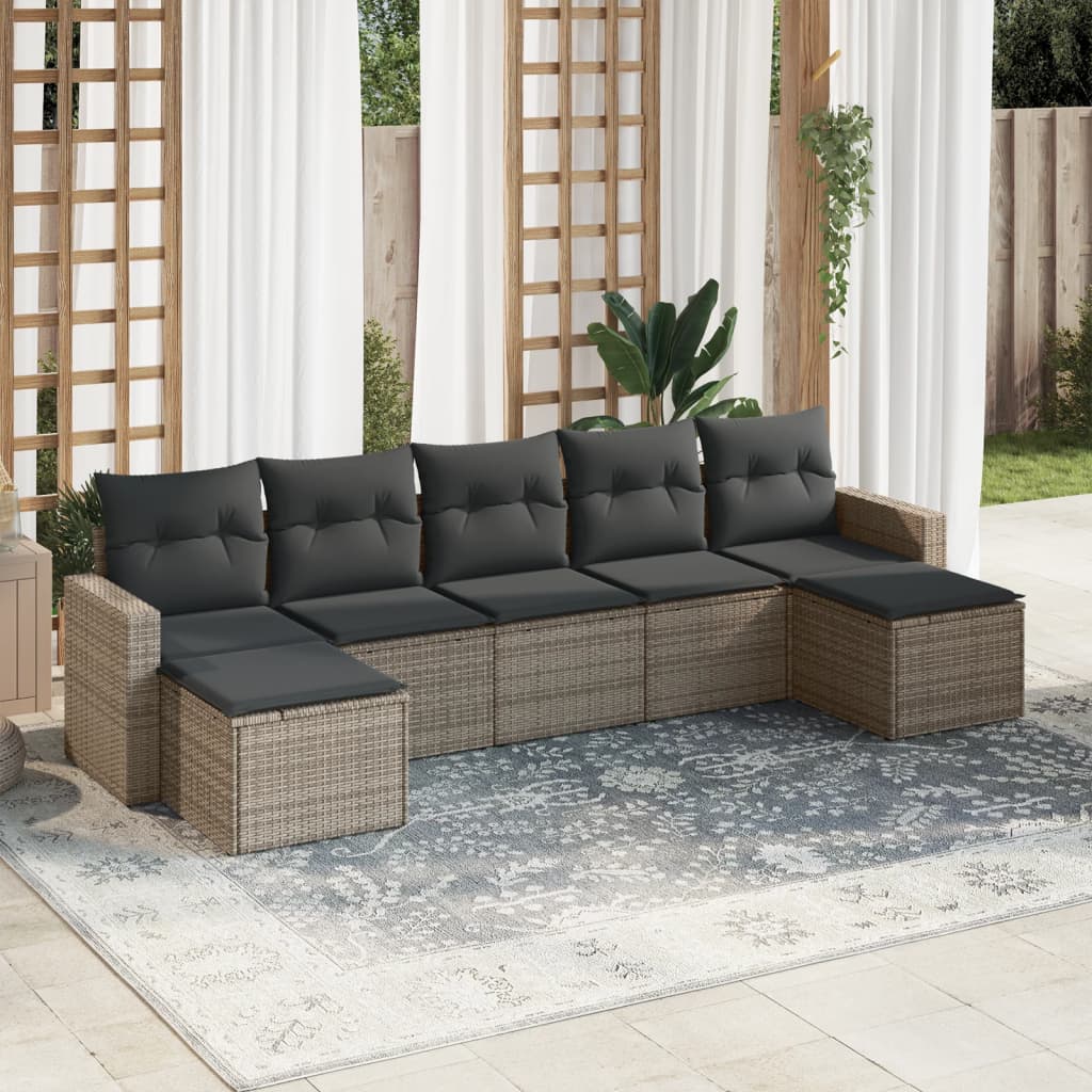 Salon de jardin avec coussins 7 pcs gris résine tressée