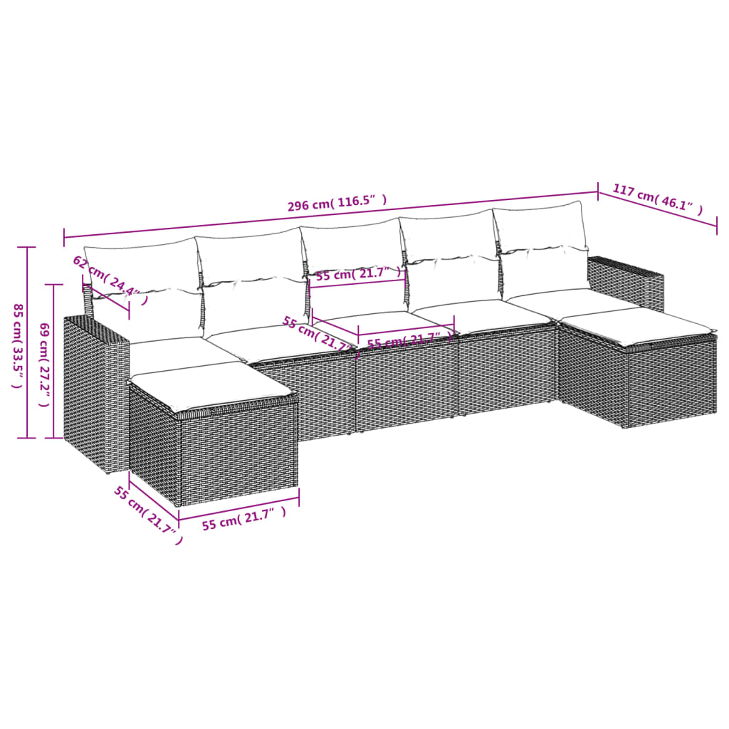 Salon de jardin avec coussins 7 pcs gris clair résine tressée