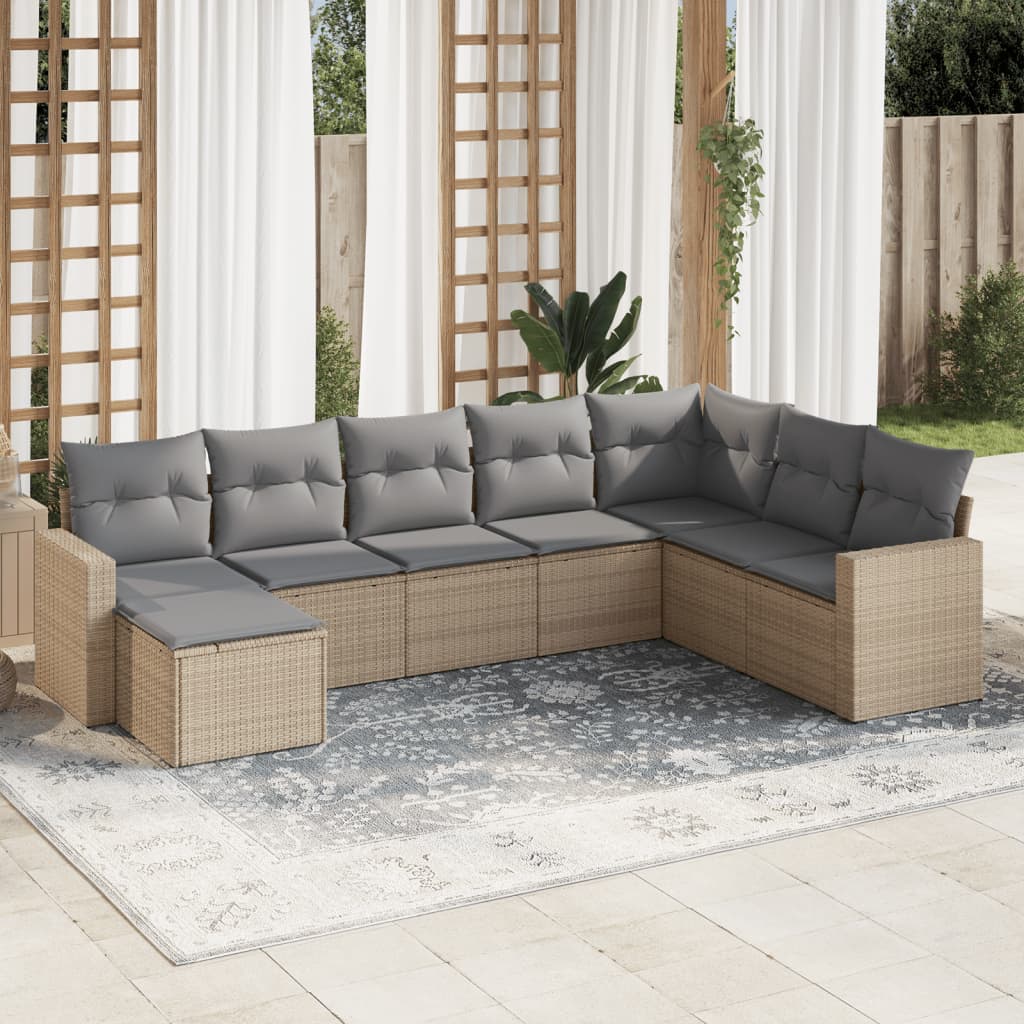 Salon de jardin avec coussins 8 pcs beige résine tressée