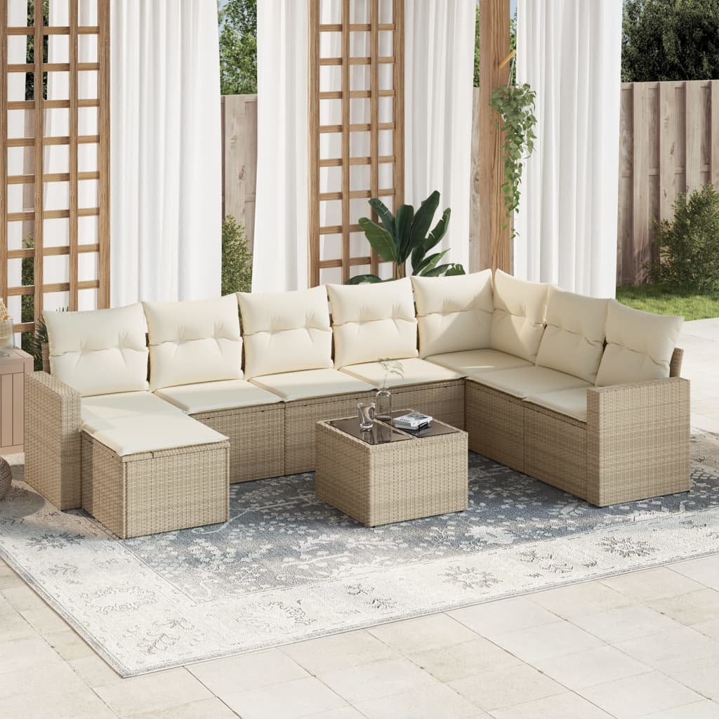 Salon de jardin avec coussins 9 pcs beige résine tressée