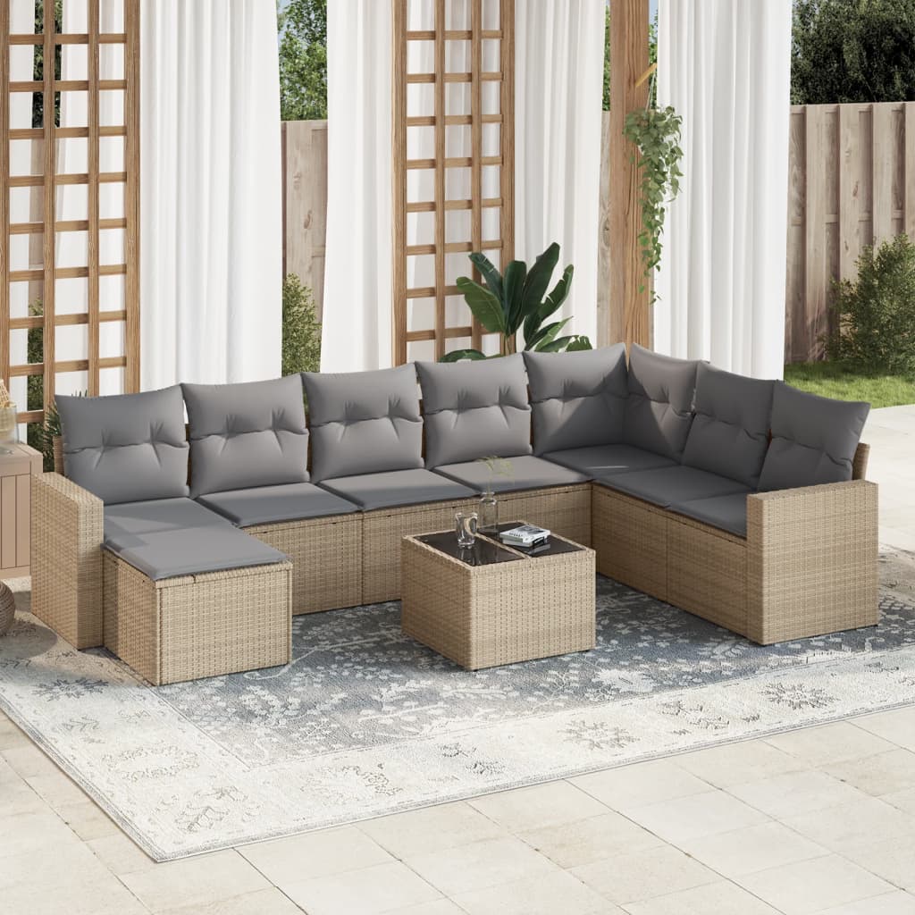 Salon de jardin avec coussins 9 pcs beige résine tressée