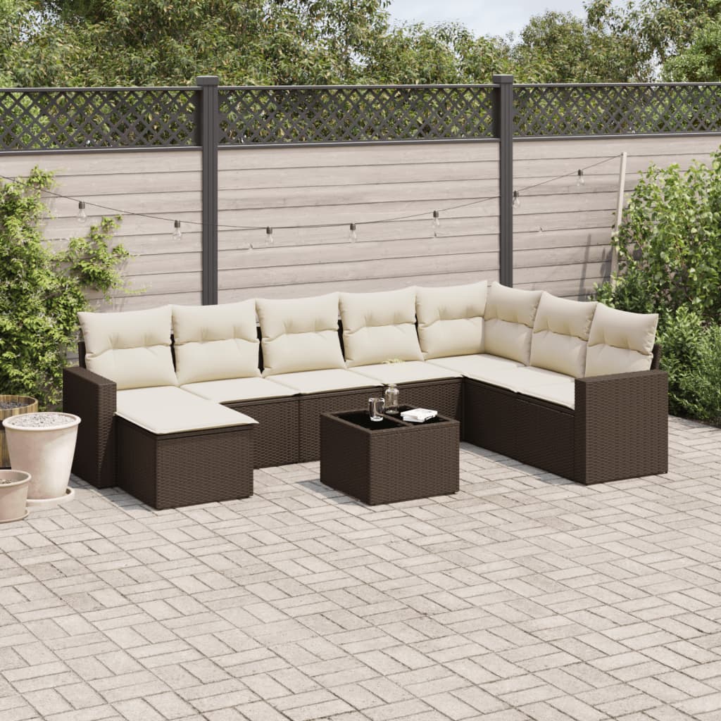 Salon de jardin avec coussins 9 pcs marron résine tressée