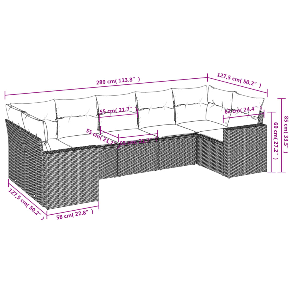 Salon de jardin avec coussins 7 pcs gris résine tressée