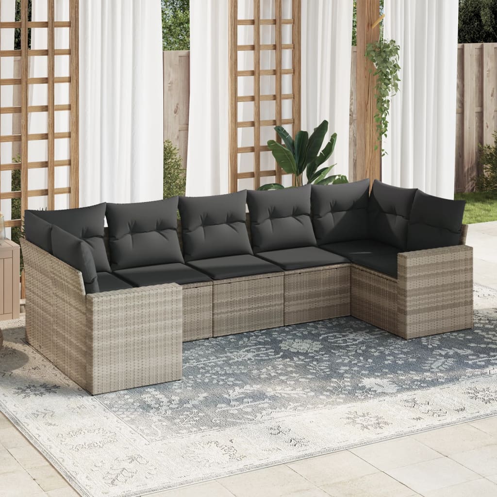 Salon de jardin avec coussins 7 pcs gris clair résine tressée