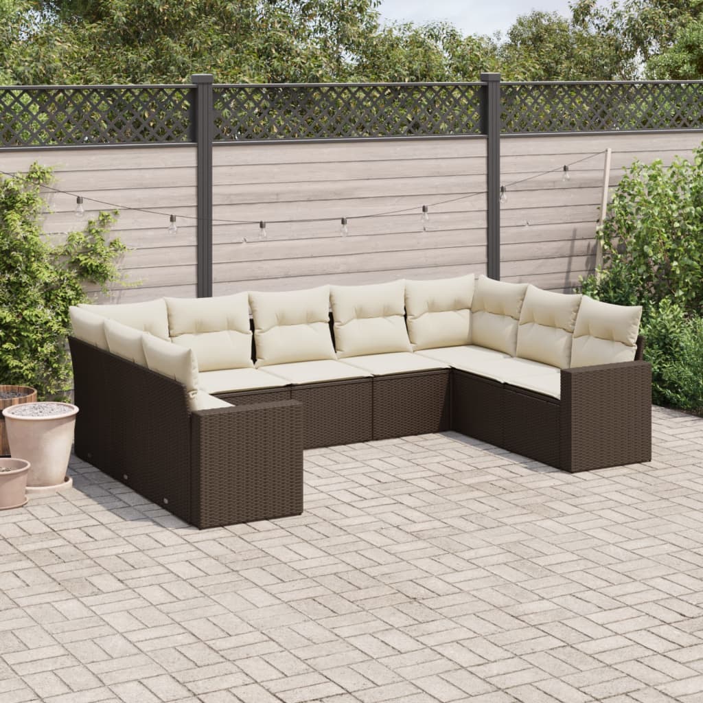 Garden furniture set with cushions 9 pcs brown wicker resin