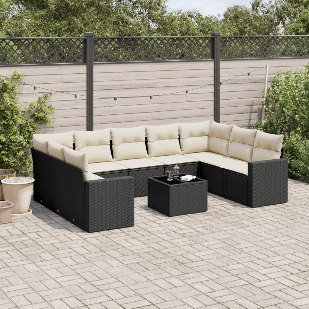 Salon de jardin 10 pcs avec coussins noir résine tressée