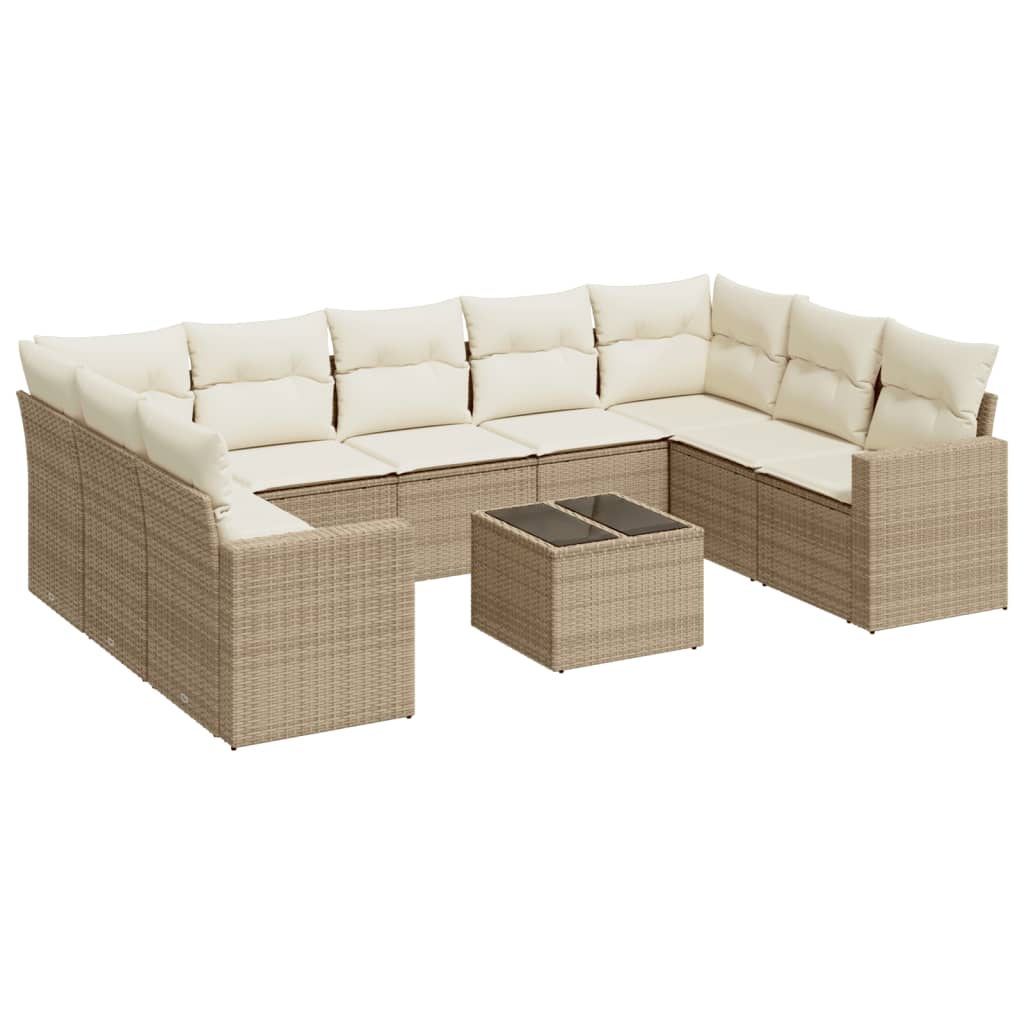 Salon de jardin avec coussins 10 pcs beige résine tressée