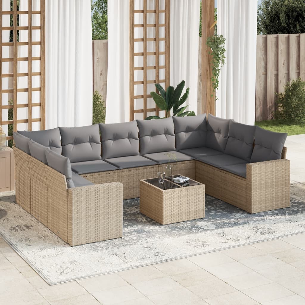 Salon de jardin avec coussins 10 pcs beige résine tressée