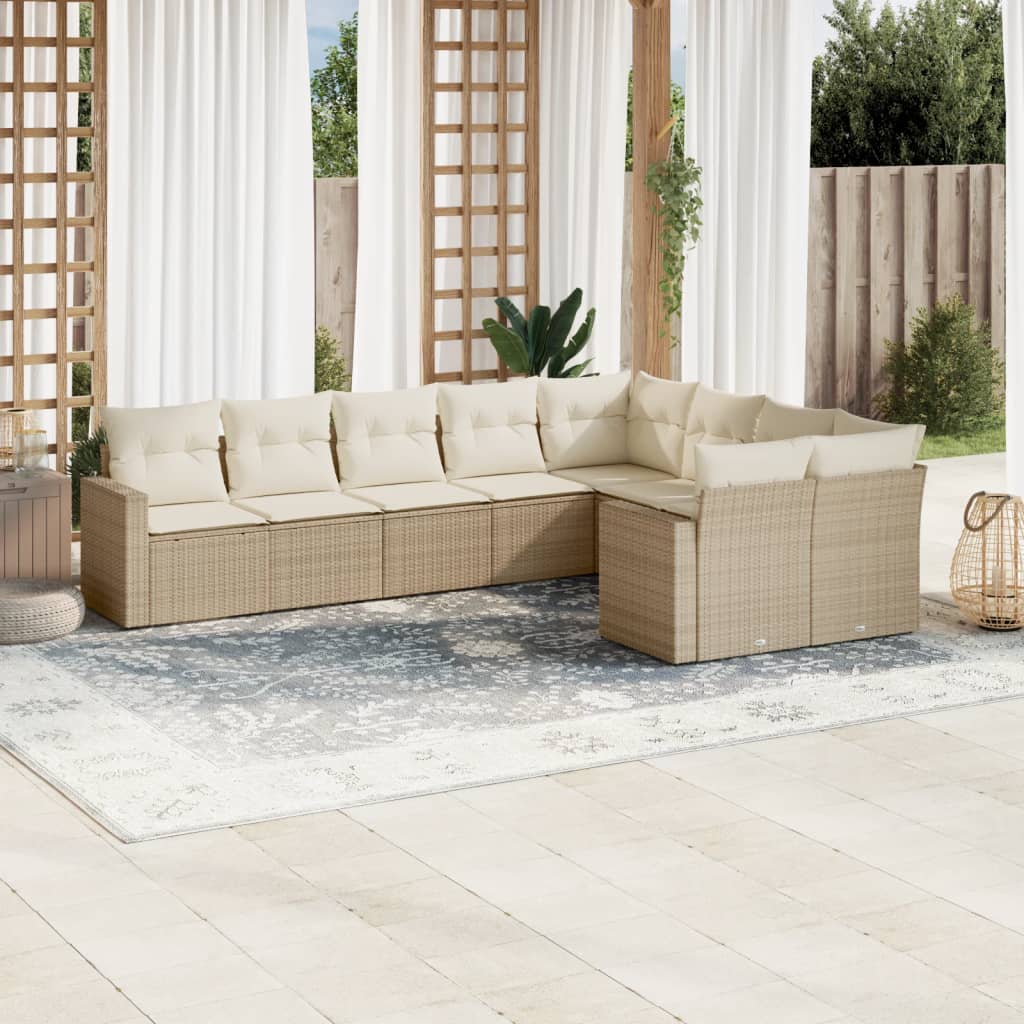 Salon de jardin avec coussins 9 pcs beige résine tressée