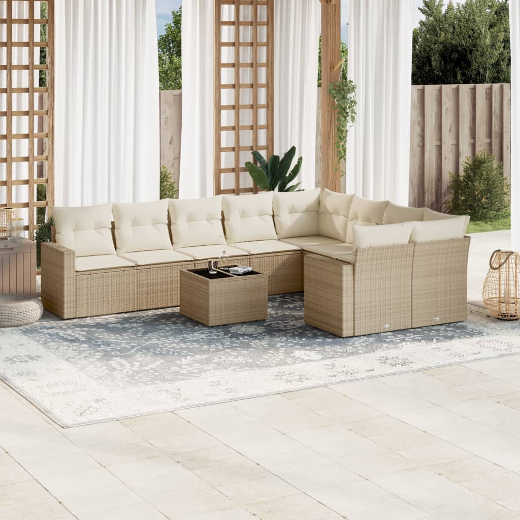 Salon de jardin avec coussins 10 pcs beige résine tressée