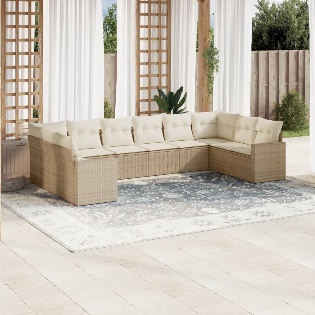 Salon de jardin avec coussins 10 pcs beige résine tressée