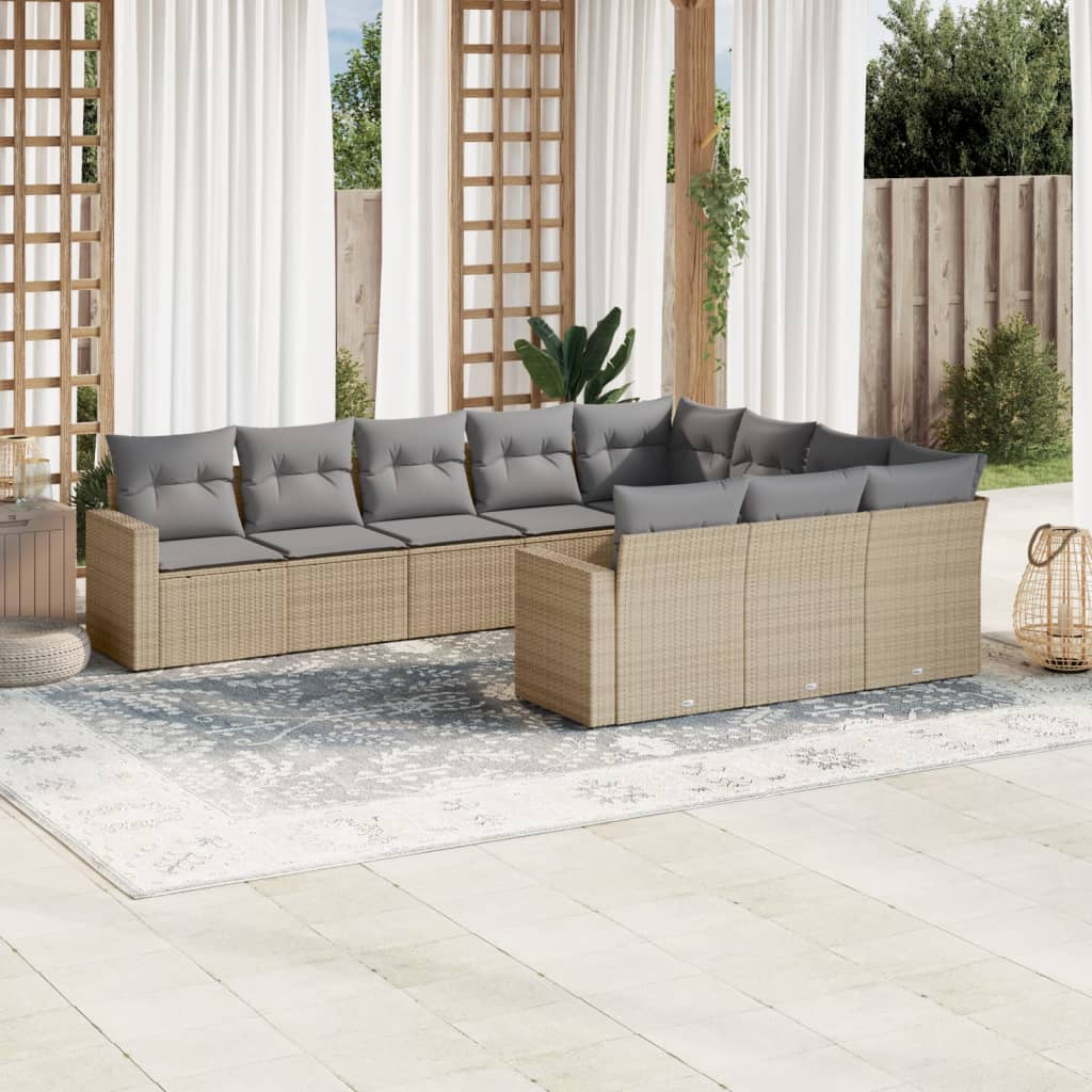 Salon de jardin avec coussins 10 pcs beige résine tressée