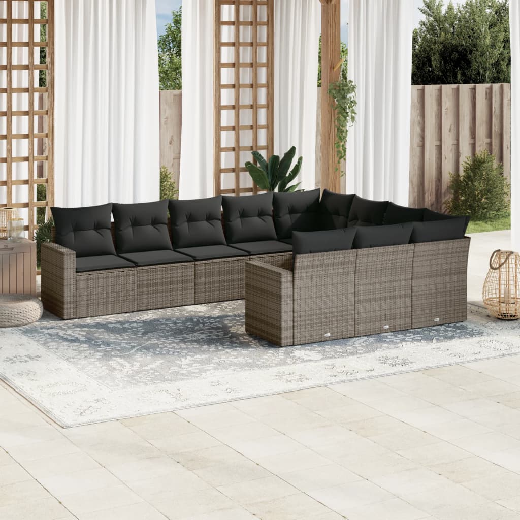 Salon de jardin avec coussins 10 pcs gris résine tressée