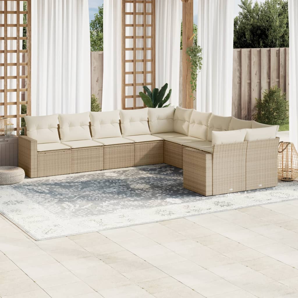 Salon de jardin avec coussins 10 pcs beige résine tressée