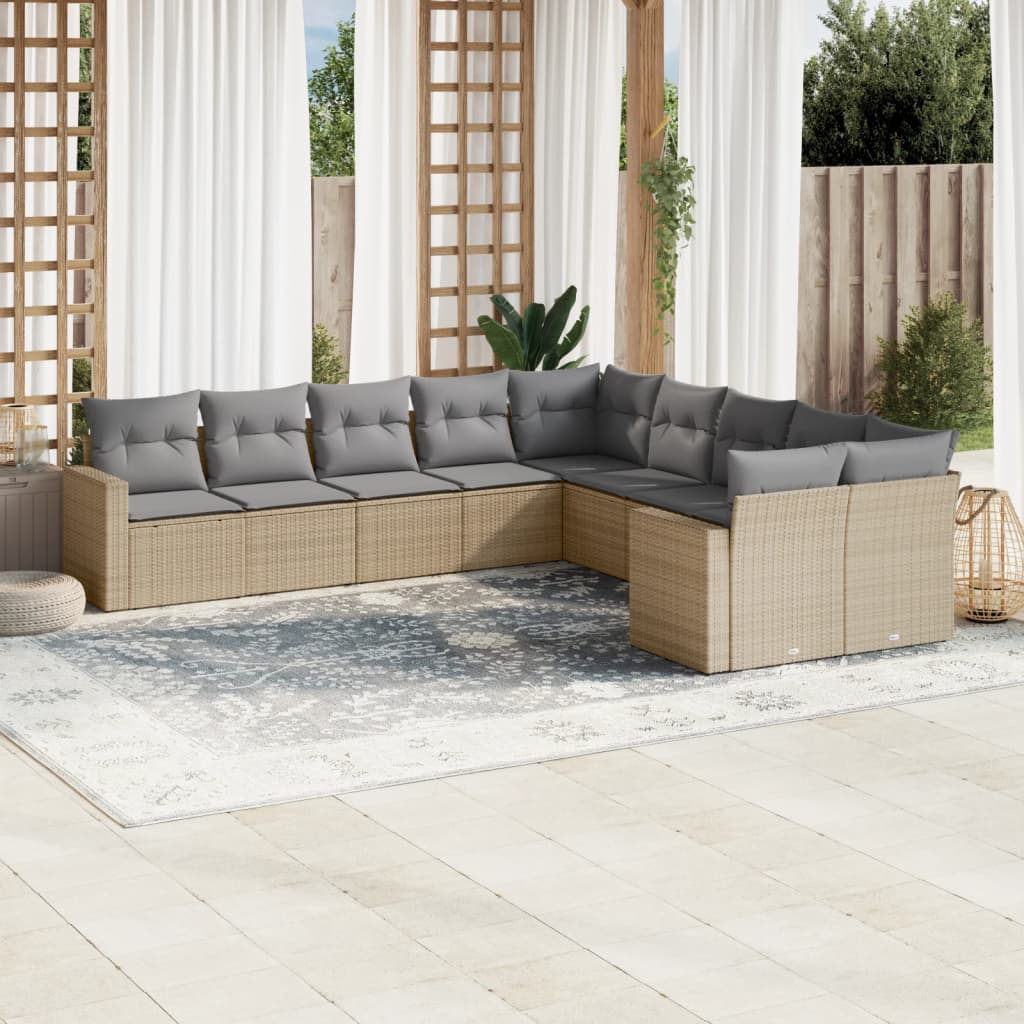 Salon de jardin avec coussins 10 pcs beige résine tressée