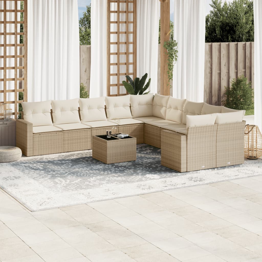 Salon de jardin 11 pcs avec coussins beige résine tressée