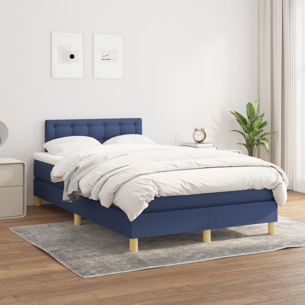 Slatted bed base with blue mattress 120x190 cm fabric