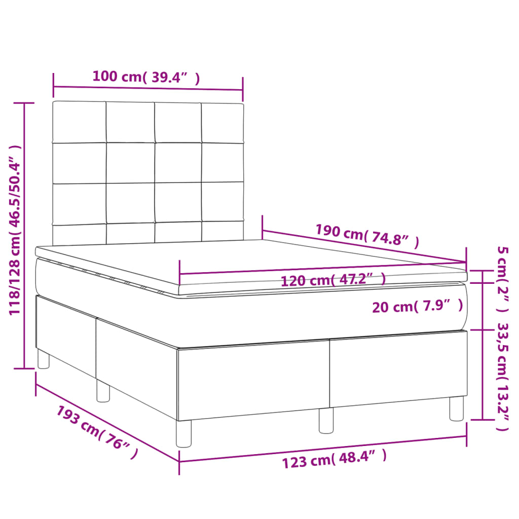 Slatted bed base with dark gray mattress 120x190cm fabric