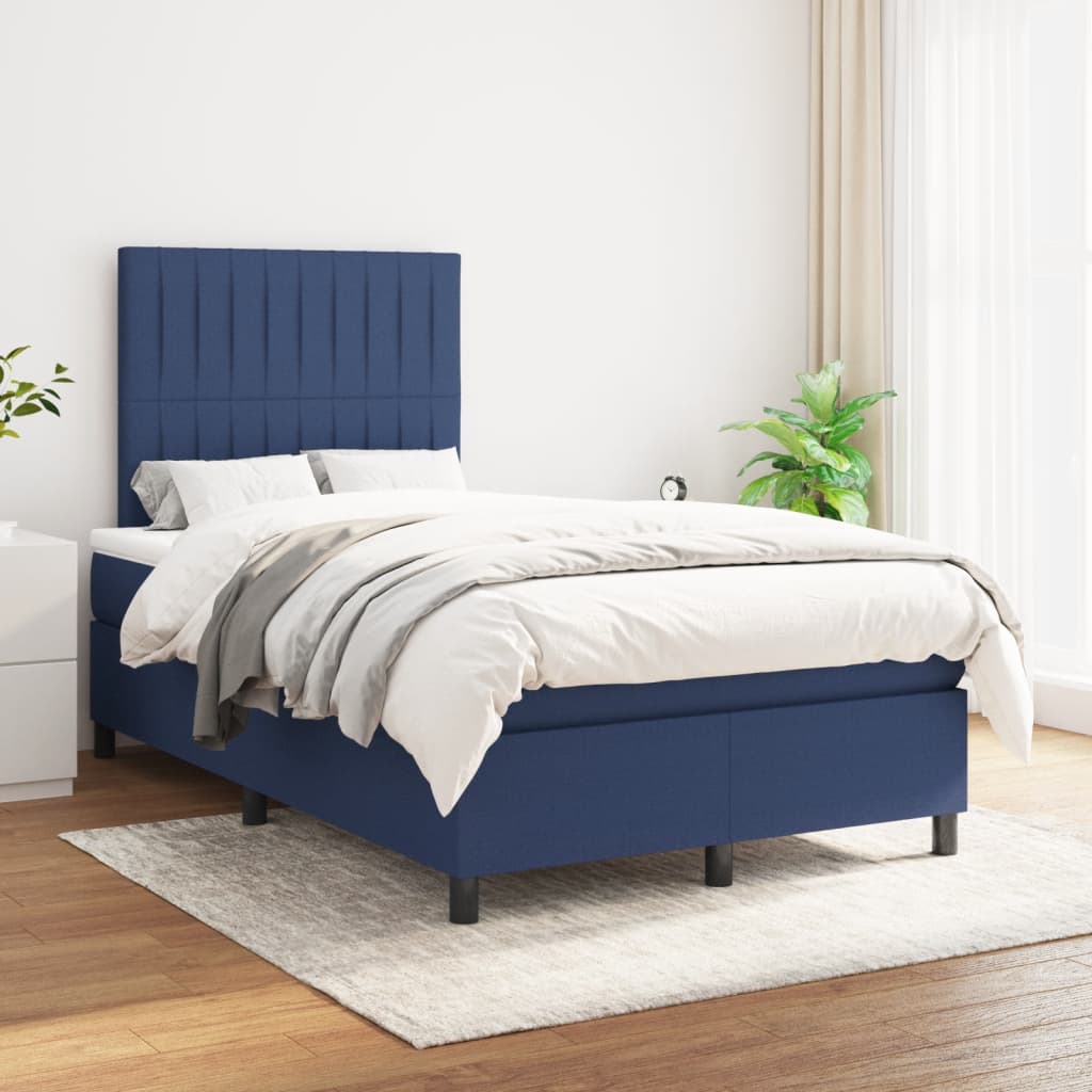 Slatted bed base with blue mattress 120x190 cm fabric