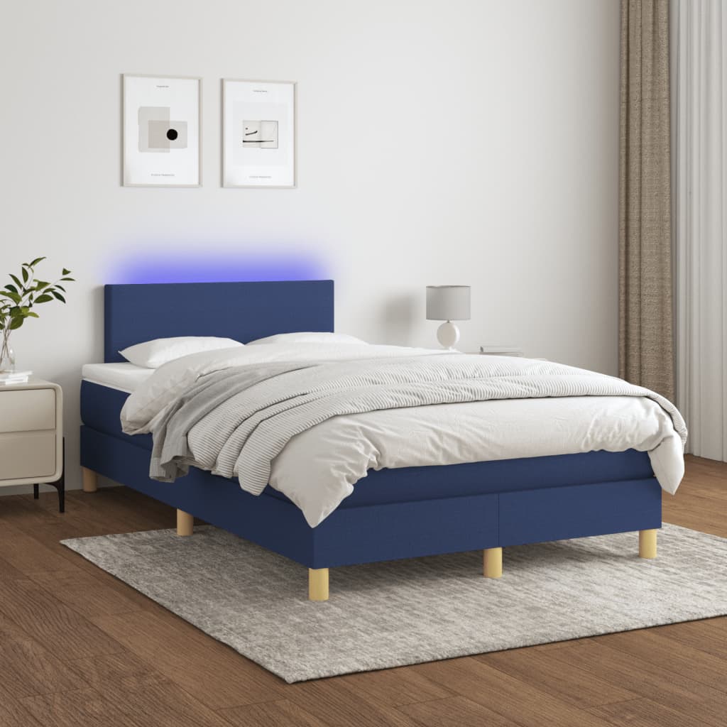 Sommier à lattes de lit matelas et LED bleu 120x190 cm tissu