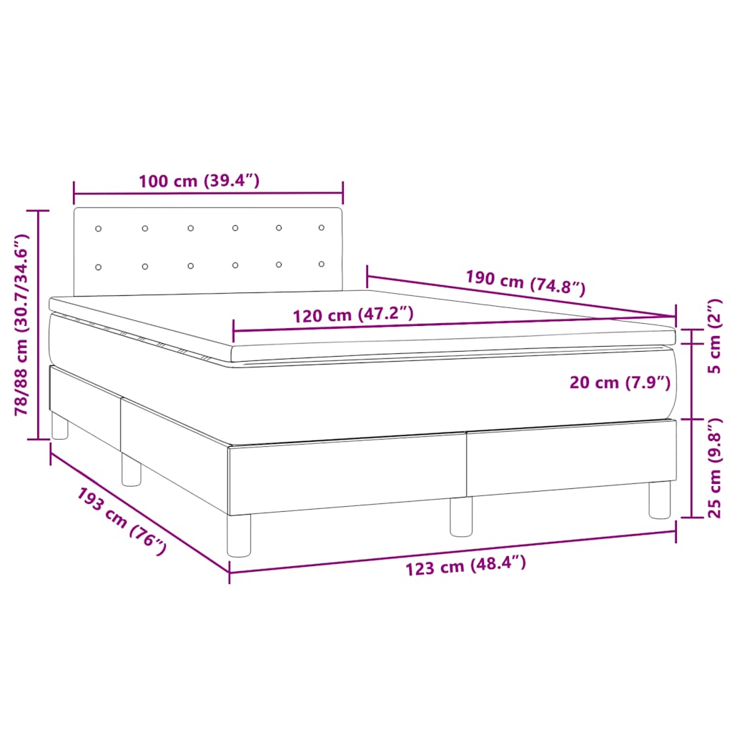 Sommier à lattes de lit avec matelas LED gris foncé 120x190 cm