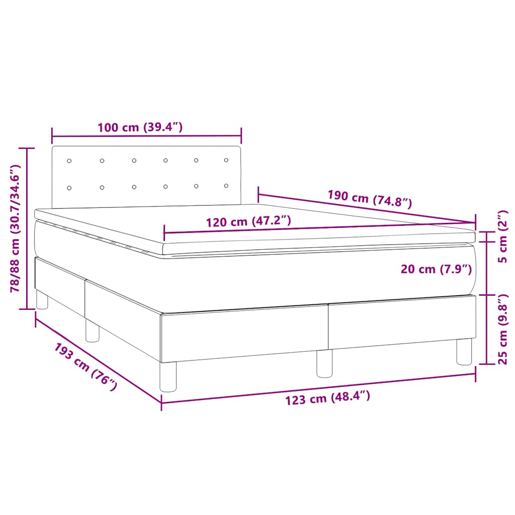 Sommier à lattes de lit et matelas LED noir 120x190 cm velours