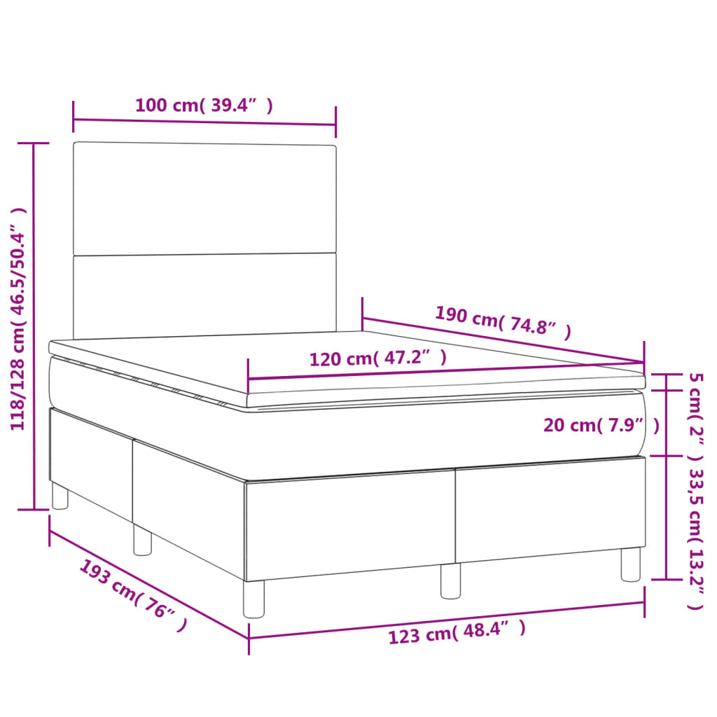 Sommier à lattes de lit matelas et LED marron foncé 120x190 cm