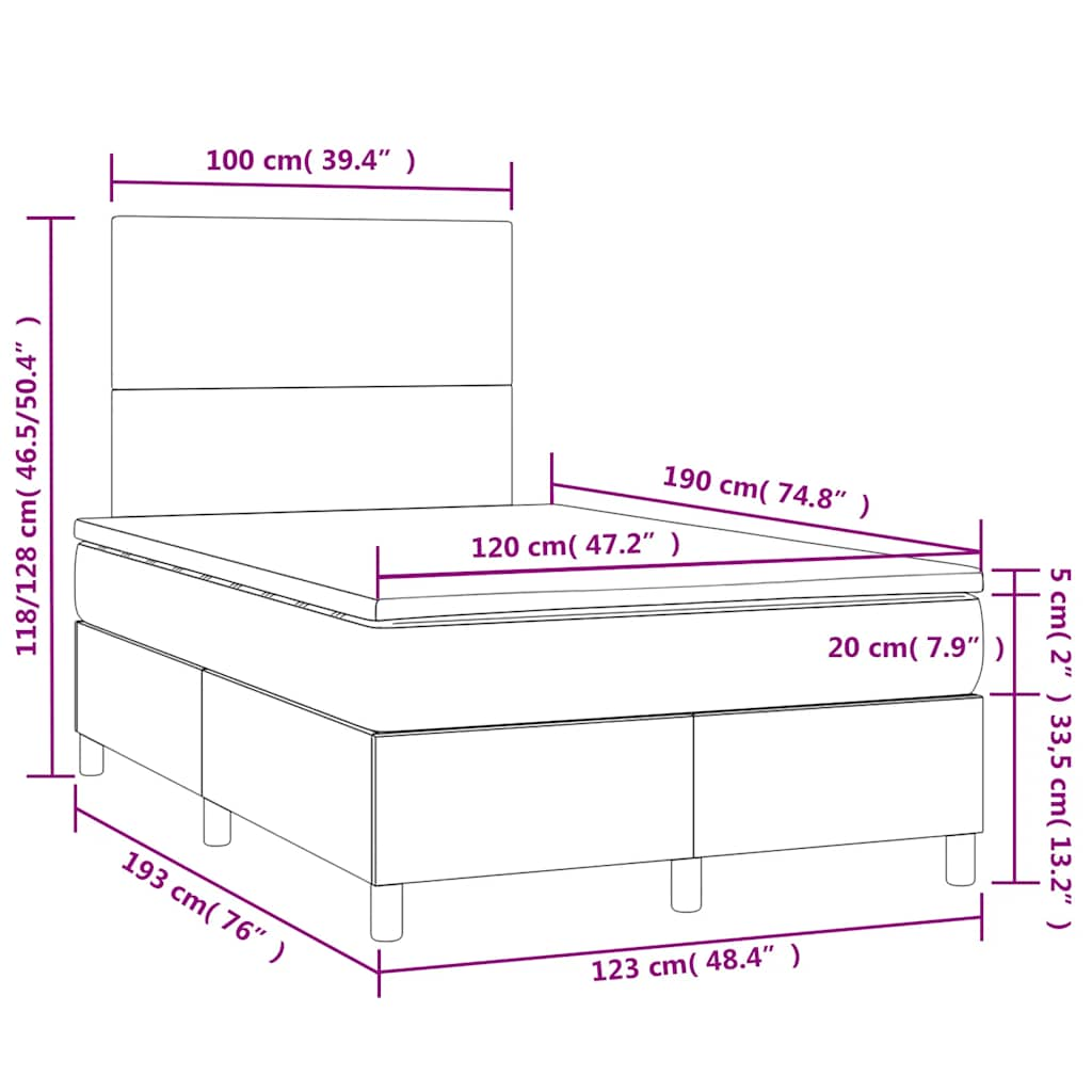 Sommier à lattes de lit matelas et LED taupe 120x190 cm tissu