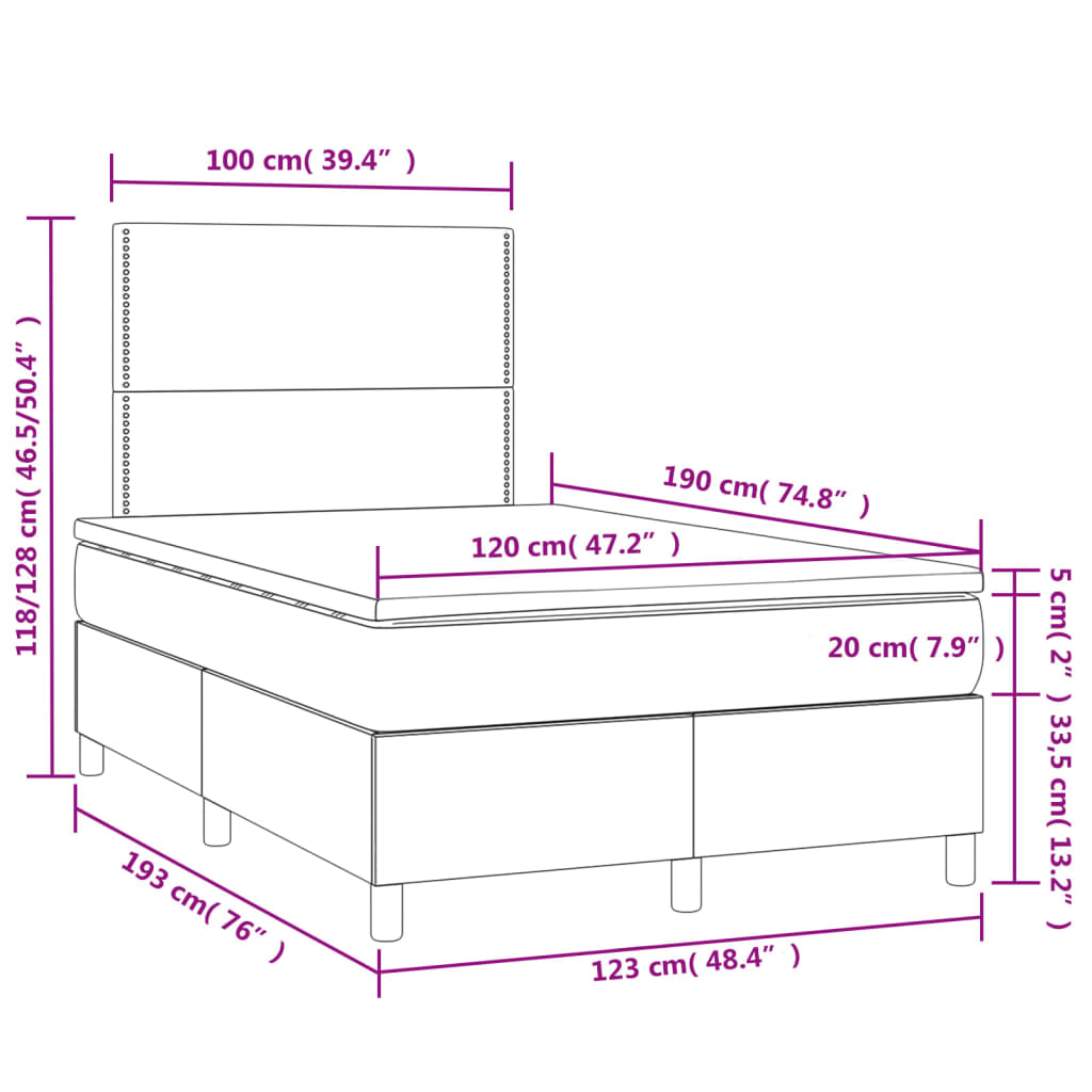 Slatted bed base LED mattress light gray 120x190 cm fabric