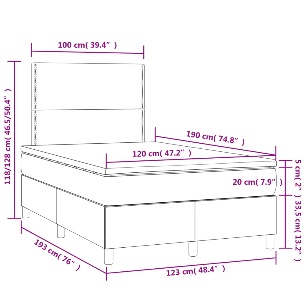 Sommier à lattes de lit matelas et LED marron foncé 120x190 cm