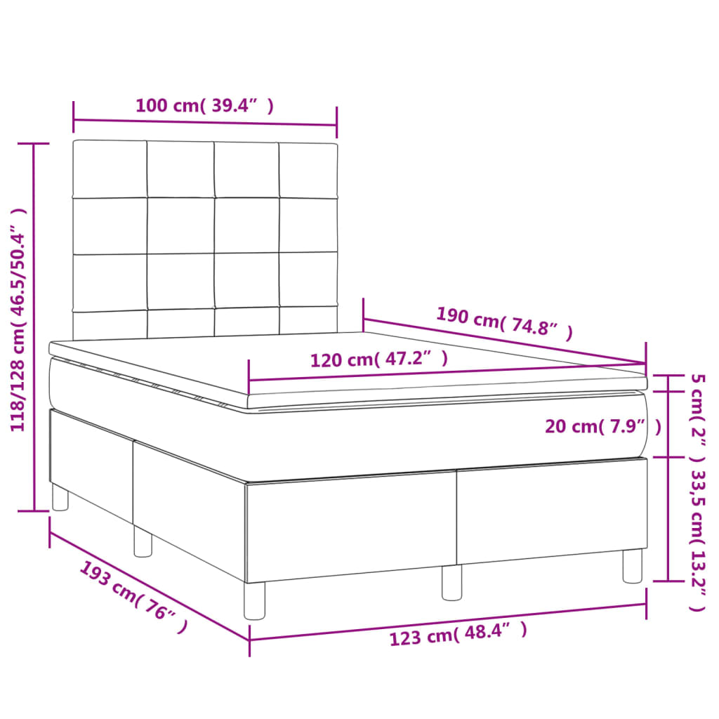 Sommier à lattes de lit matelas et LED noir 120x190 cm tissu