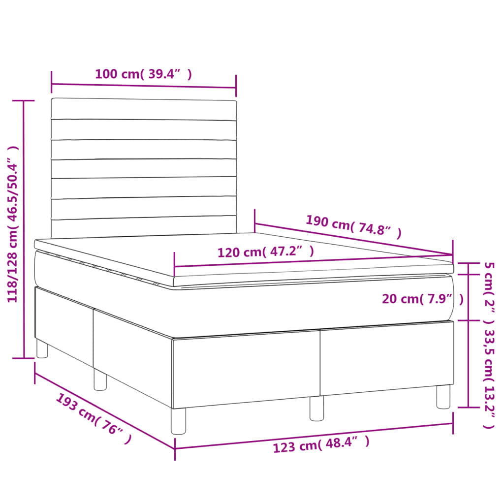 Sommier à lattes de lit matelas LED gris clair 120x190 cm tissu