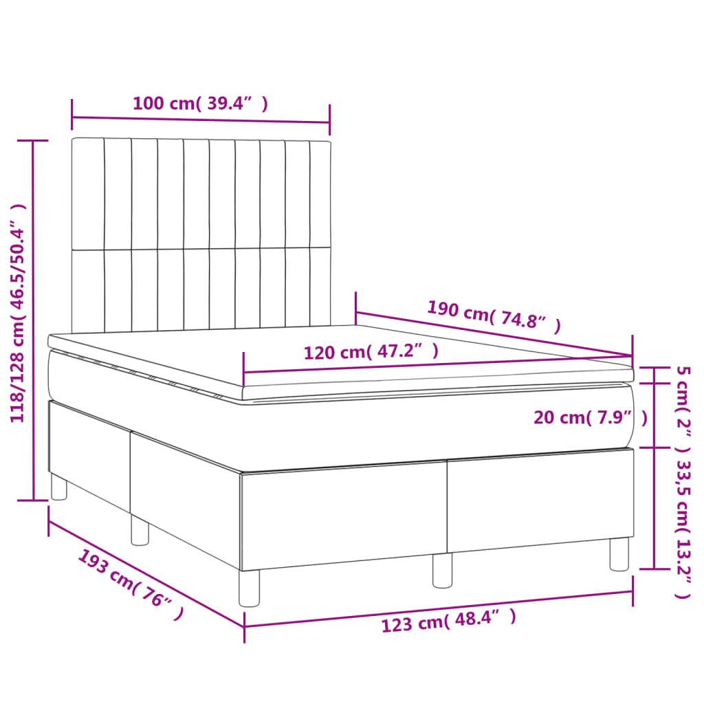 Sommier à lattes de lit matelas LED gris clair 120x190 cm tissu