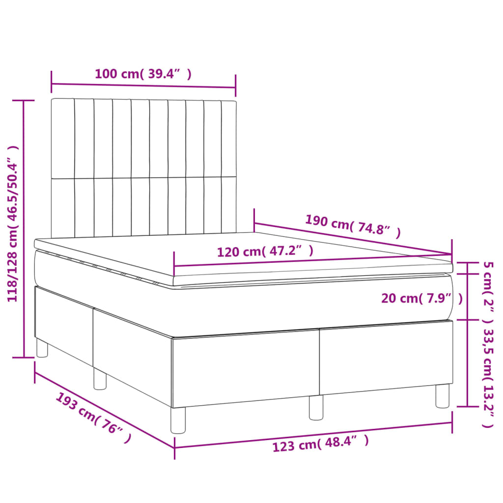 Sommier à lattes de lit matelas LED gris foncé 120x190 cm tissu