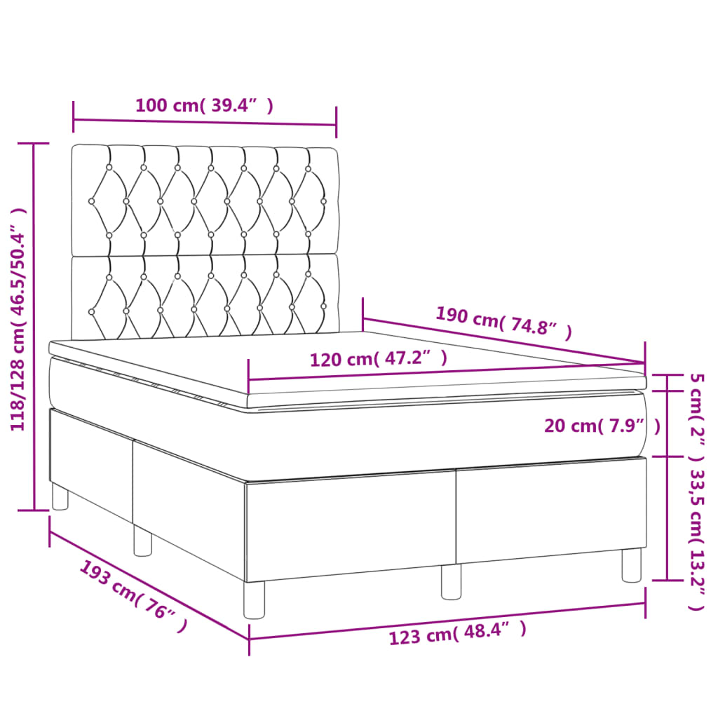 Slatted bed base LED mattress dark gray 120x190 cm fabric